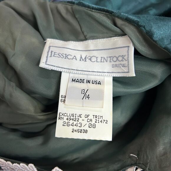 VTG 80s Jessica McClintock Green Brocade Lace Neck Formal Midi Dress Size 13/14 - Picture 10 of 14